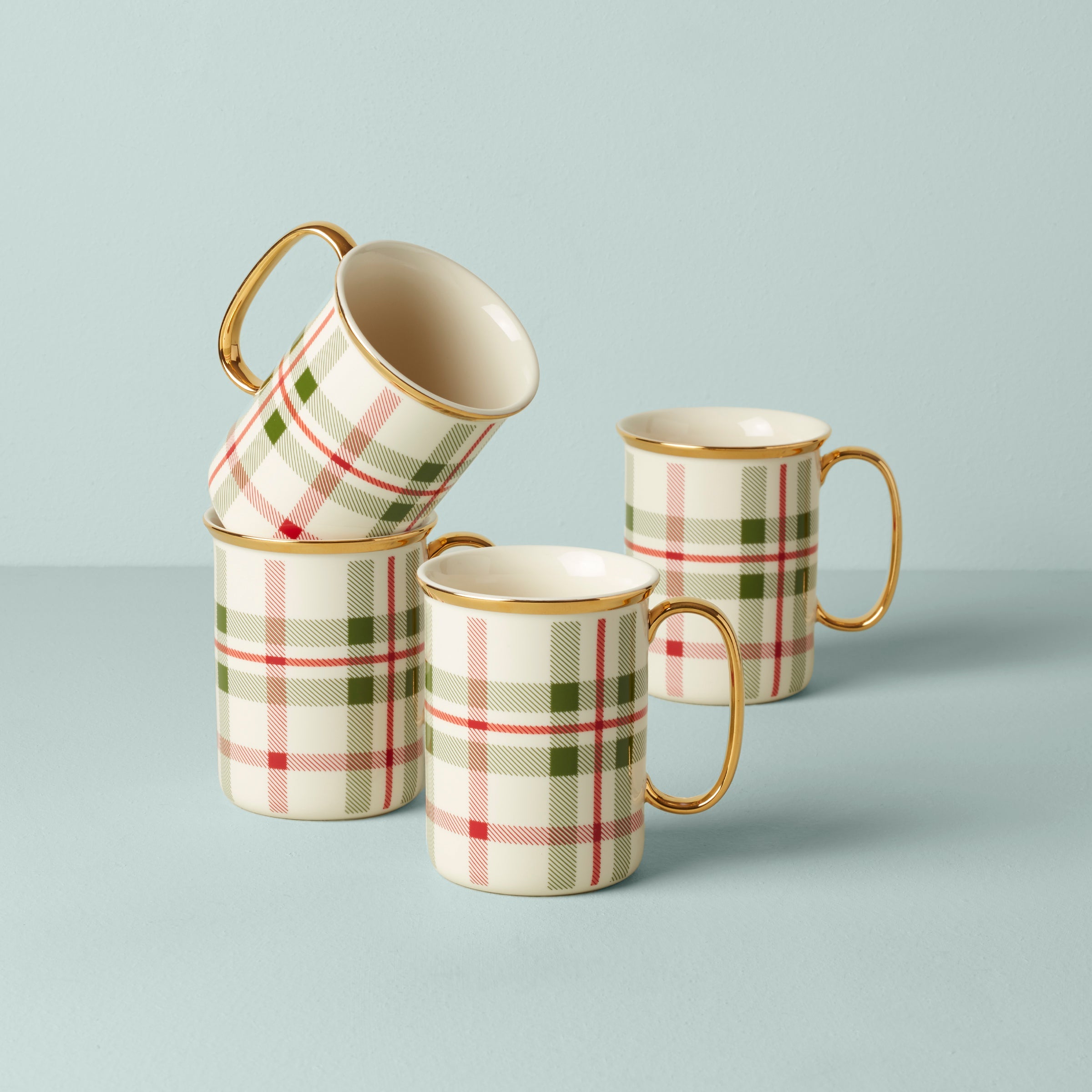 Holiday Plaid Mugs. Set of 4