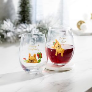 Holiday Frenchie Stemless Wine Glasses. Set of 2