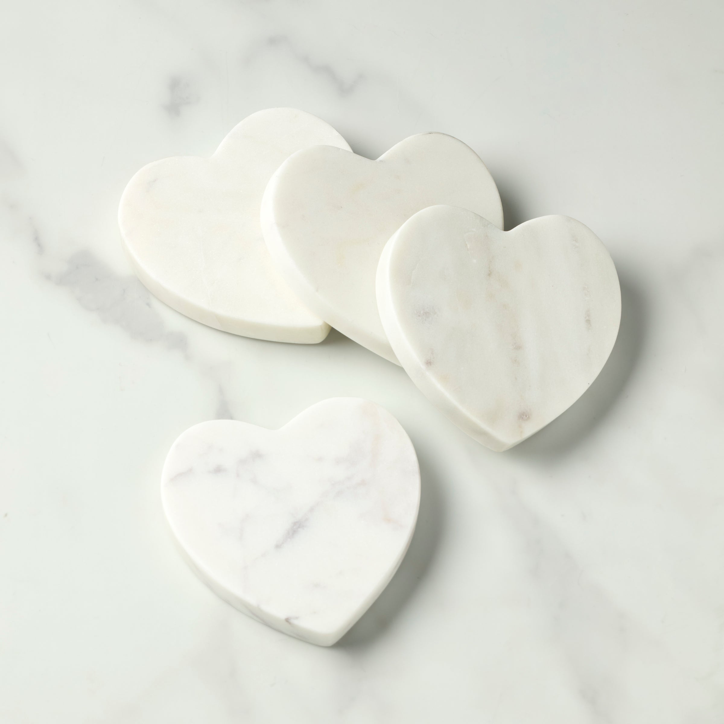 White Marble Heart Coasters. Set of 4