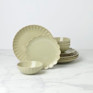 French Perle Scallop Matcha 12-Piece Dinnerware Set